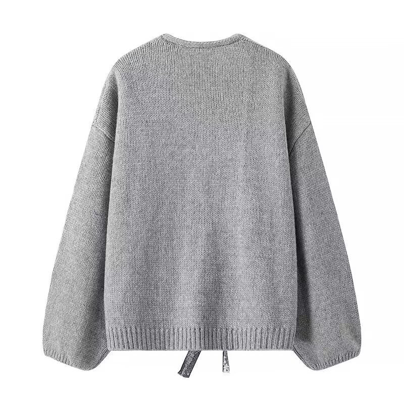 Women's Oversized Knit Cardigan with V-Neck and Sequin Bows Fashion Glam