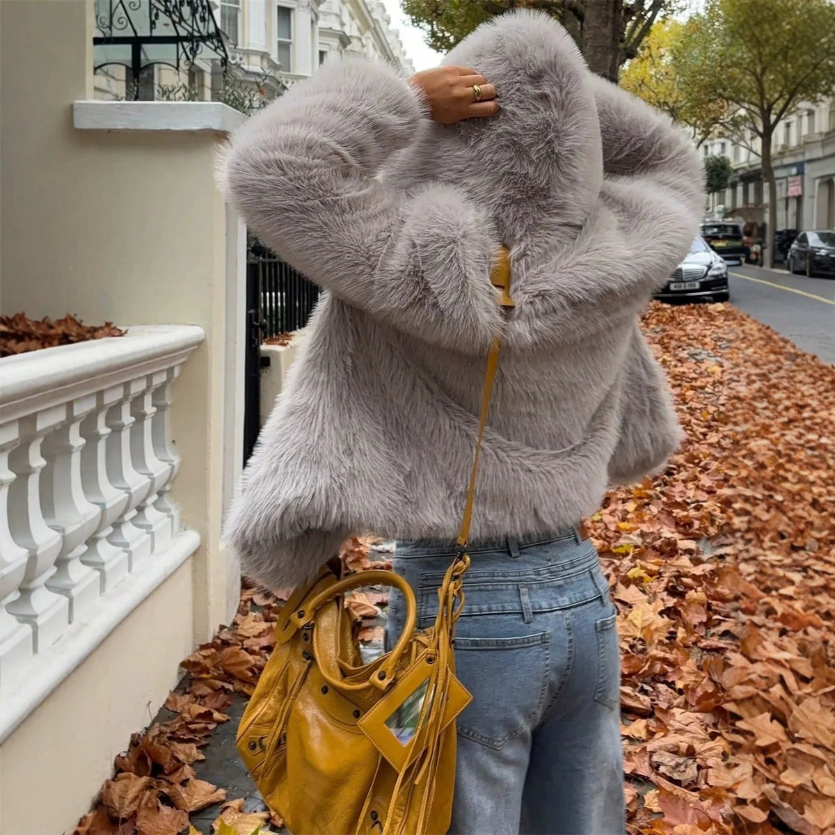 Women's Hooded Faux Fur Short Jacket with Dense Long Pile and Oversize Silhouette Fashion Glam