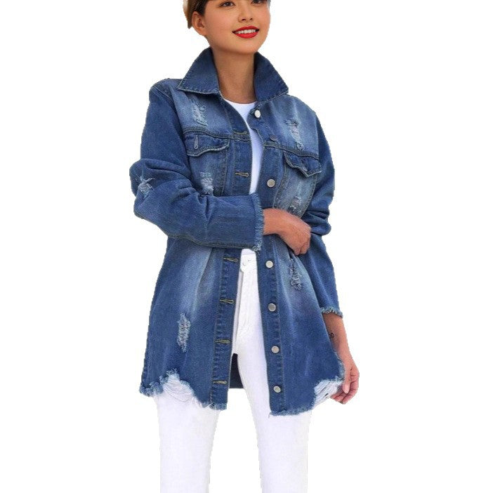 Women's Oversized Denim Jacket with Destroyed Details, Fringed Hem and Concealed Button Placket Fashion Glam