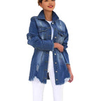 Women's Oversized Denim Jacket with Destroyed Details, Fringed Hem and Concealed Button Placket Fashion Glam