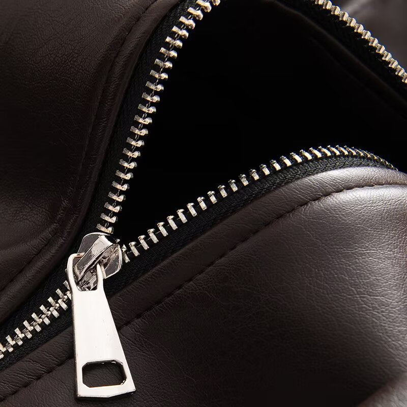 Women's Oversized Faux Leather Bomber Jacket with Utility Pockets, High Collar and Elastic Hem Fashion Glam