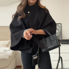 Women's short cape made of wool blend with asymmetric stand-up collar and waist tie belt Fashion Glam