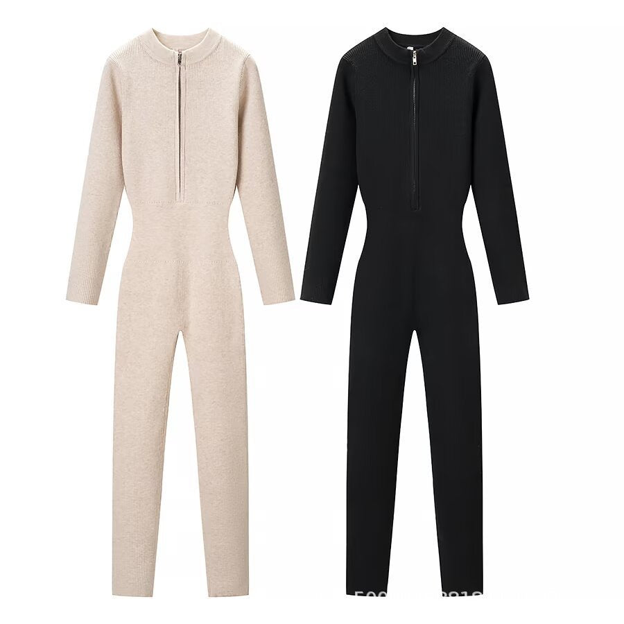 Ladies Body-Con Knitted Jumpsuit with Zipper and Stand Collar Fashion Glam