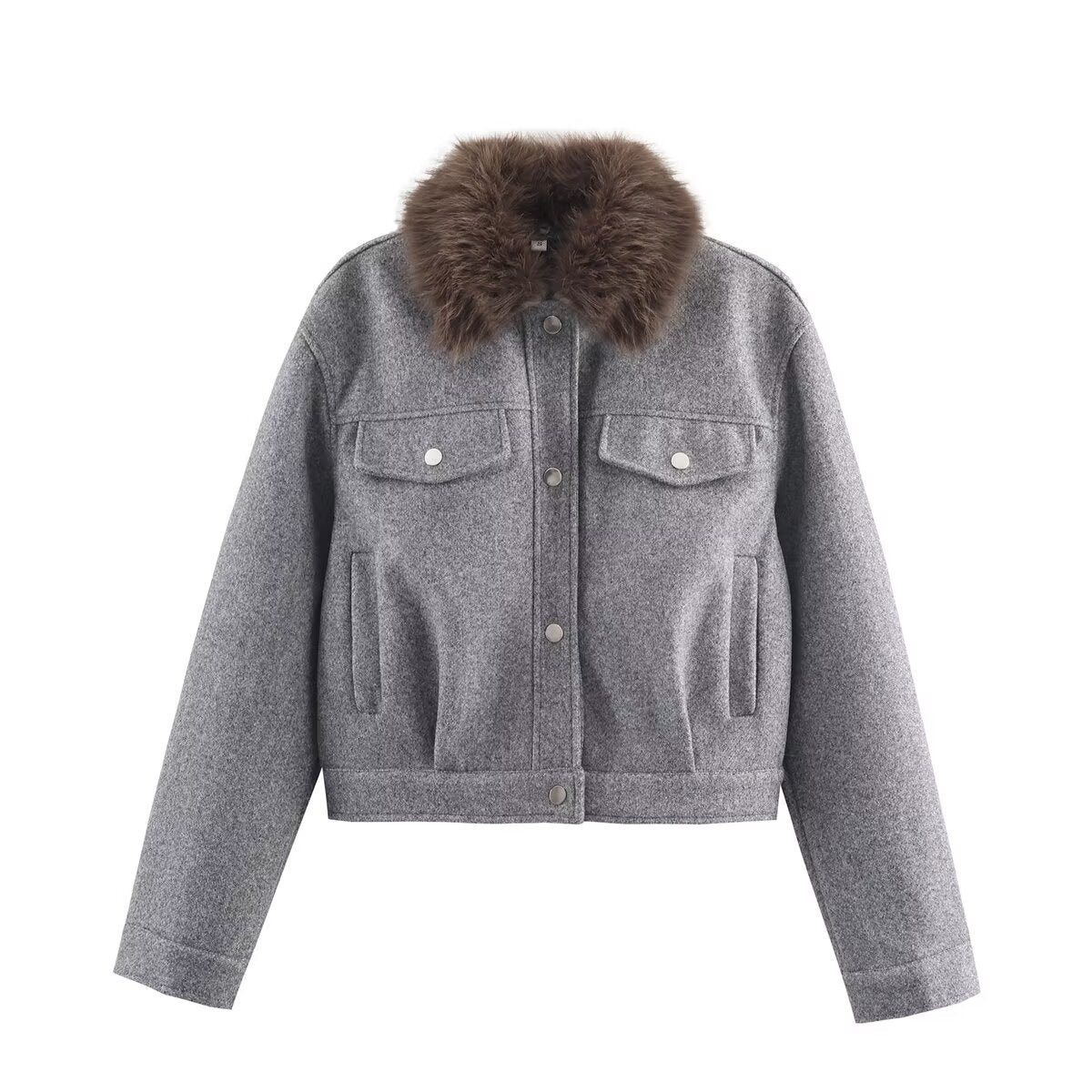Ladies short wool jacket with voluminous fur collar, snap-button front and patch chest pockets Fashion Glam