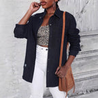 Women Oversize Denim Shirt Jacket with Used Effects and Raw Hem Fashion Glam