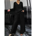 Women's Fine V-Neck Knit Sweater with Flowing Palazzo Pants Fashion Glam