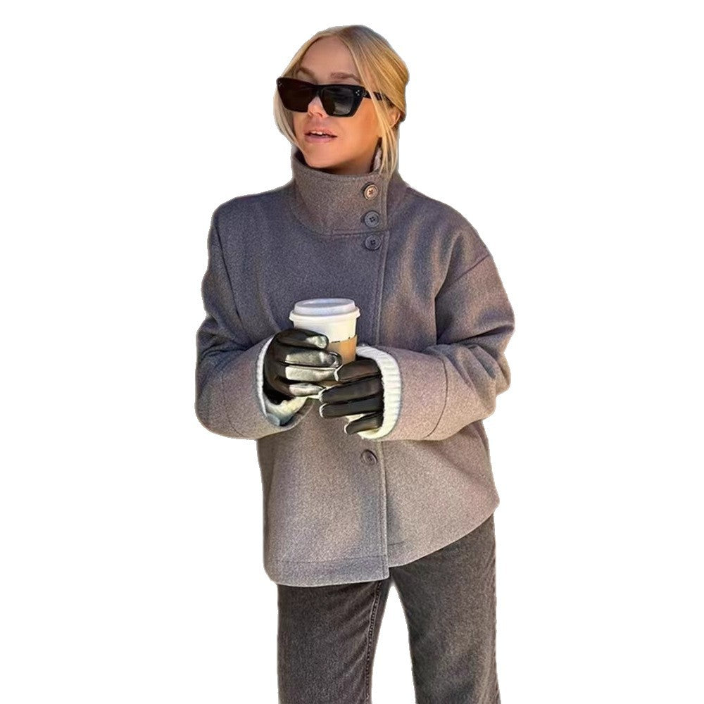Women's short cut boxy jacket with stand-up collar and asymmetrical button placket Fashion Glam