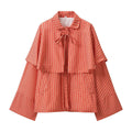 Ladies short cape jacket with check print and decorative tie bow Fashion Glam