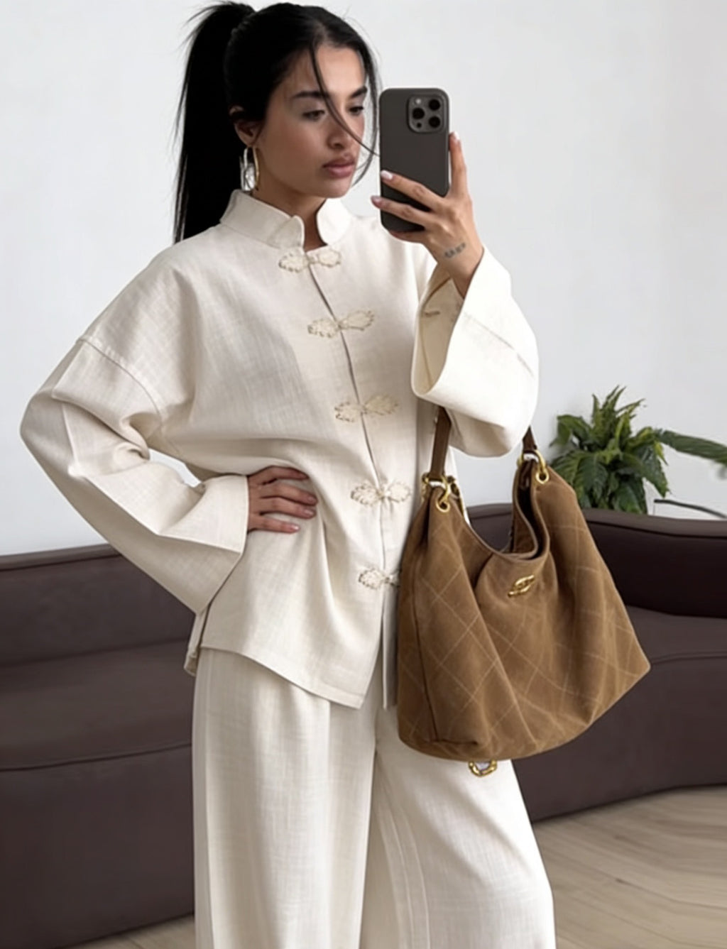 Women's Oversized Chinese Collar Blouse with Traditional Knot Closures and Wide Sleeves Fashion Glam