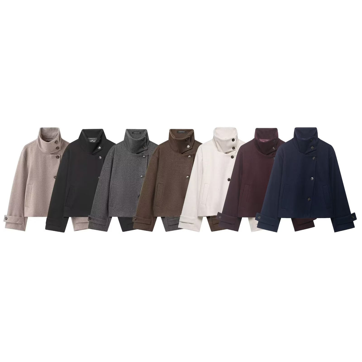 Women's Short Boxy Wool Coat with Asymmetrical Button Placket and Stand-up Collar Fashion Glam