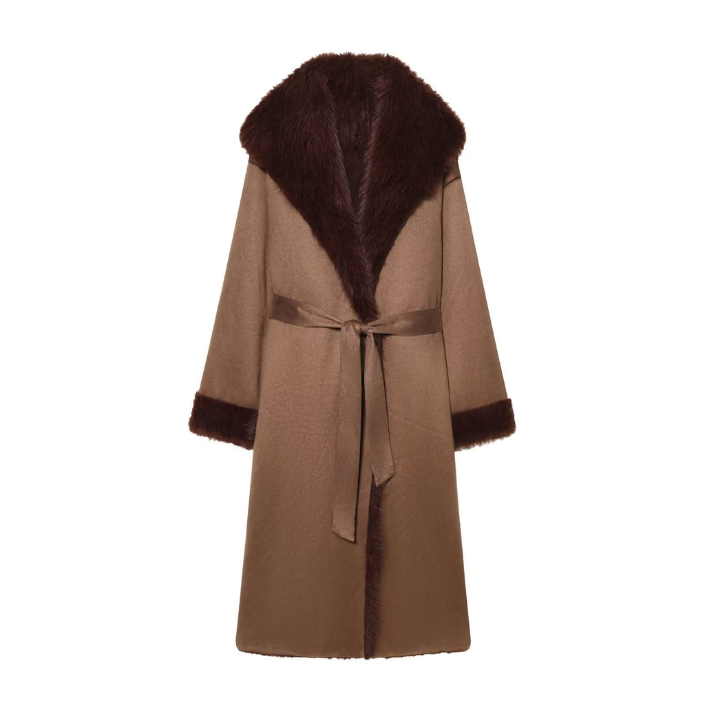 Women longer coat with faux fur trim and tie belt Fashion Glam