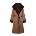 Women longer coat with faux fur trim and tie belt Fashion Glam