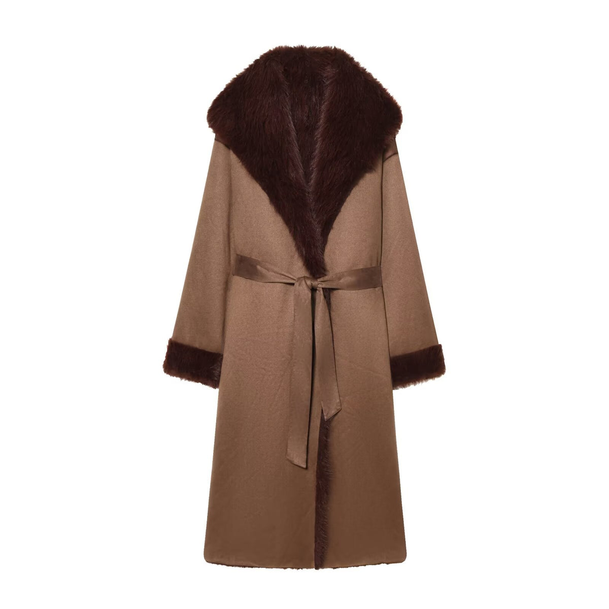 Women longer coat with faux fur trim and tie belt Fashion Glam