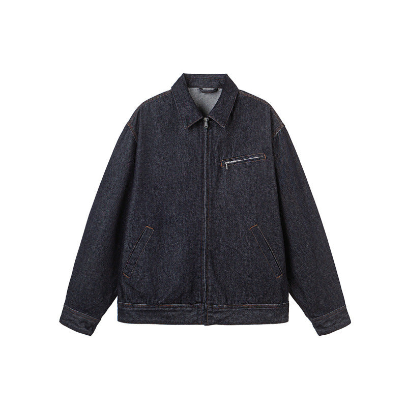 Men's Boxy Denim Jacket with Full Zip, Chest Zip Pocket and Shirt Collar Fashion Glam
