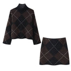 Women's Knit Set made of Turtle Neck Poncho and Mini Skirt with Argyle Pattern Fashion Glam