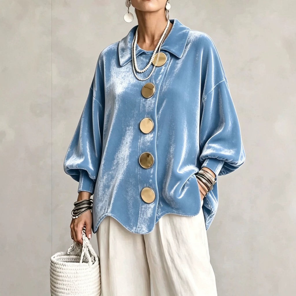 Women's Oversized Velvet Jacket with Large Decorative Buttons and Balloon Sleeves Fashion Glam