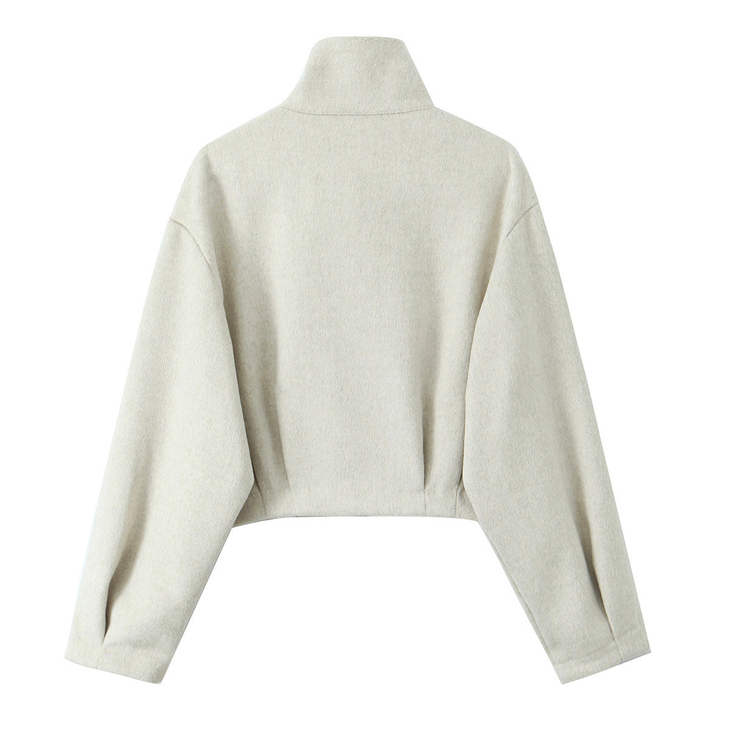 Women Boxy Fleece Jacket with Stand-up Collar and Concealed Zipper Fashion Glam