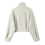 Women Boxy Fleece Jacket with Stand-up Collar and Concealed Zipper Fashion Glam
