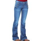 Women's High-Waist Denim Flare Jeans with Side Decorative Button Placket and Sculpting Fit Fashion Glam