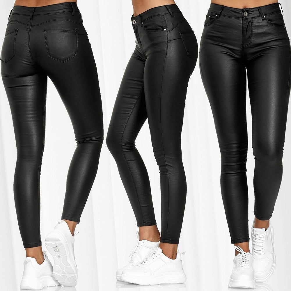 Women's Coated High-Waist Skinny Jeans Look Pants Fashion Glam