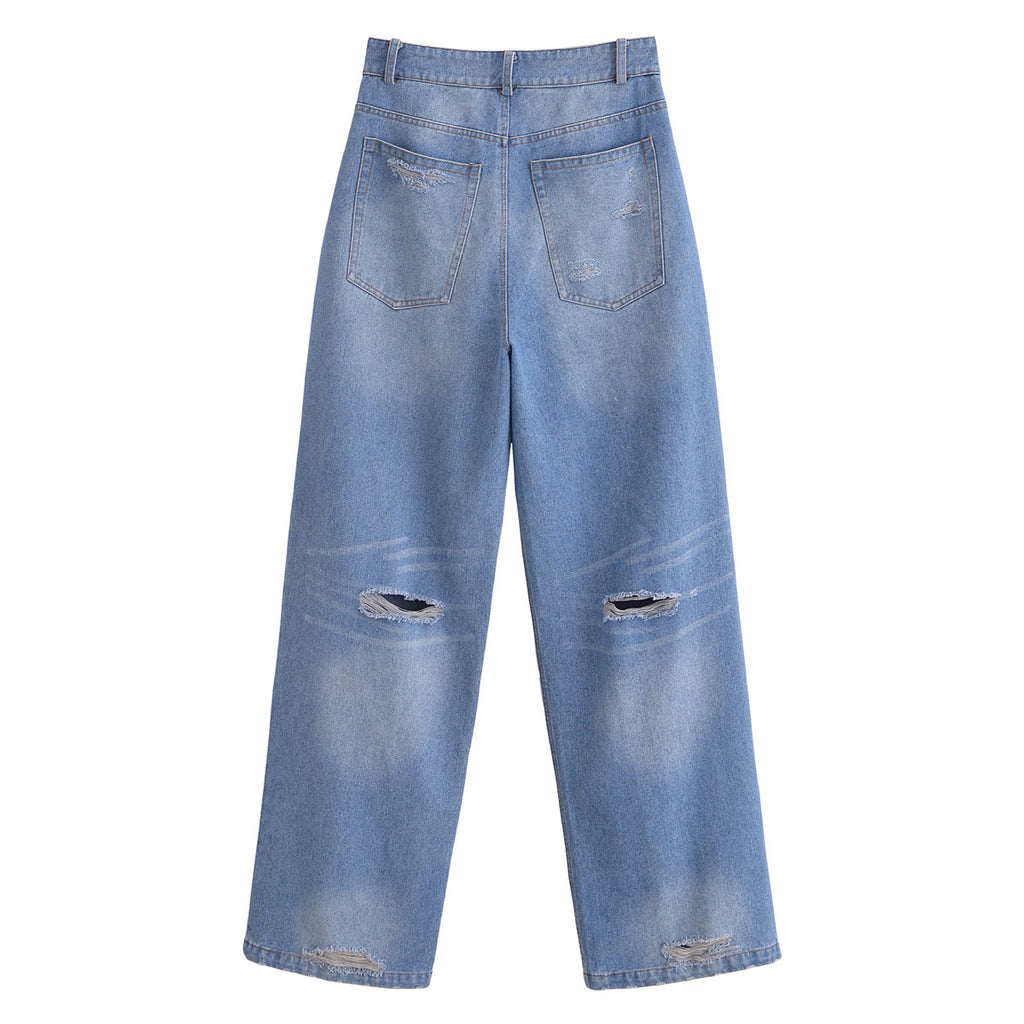 Women's High-Waist Jeans Pants with Wide Leg, Straight Hem and Subtle Used Look Fashion Glam