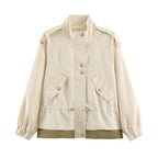 Women's lightweight utility jacket with drawstring waist gathering, stand-up collar, and flap pockets Fashion Glam