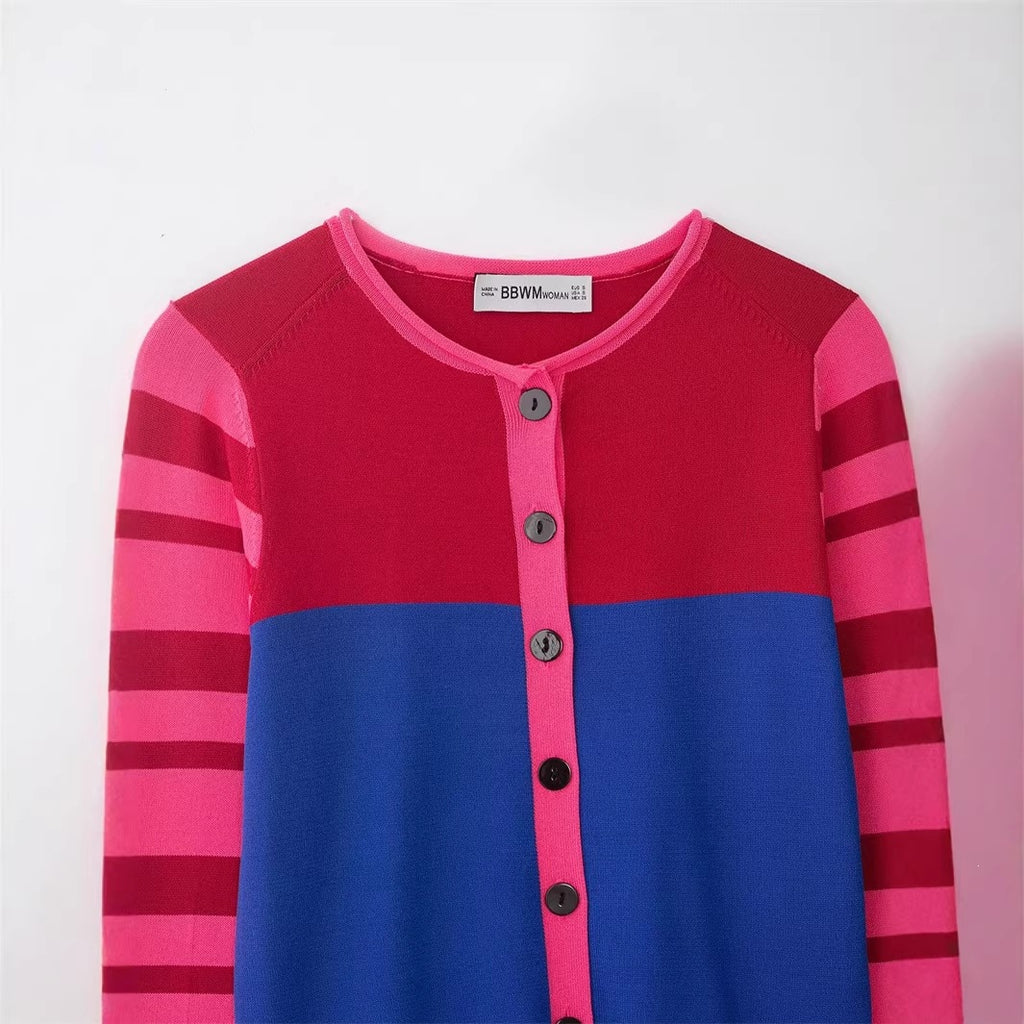 Women Cropped Cardigan with Color Block Design and Striped Sleeves Fashion Glam
