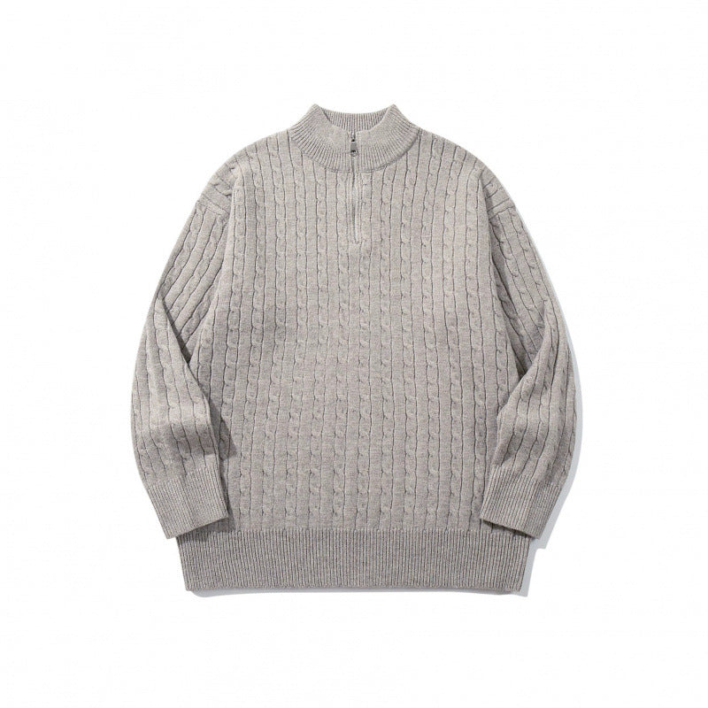 Unisex Oversize Braided Knit Half-Zip Sweater with Short Stand-Up Collar and Wide Ribbed Hem Fashion Glam