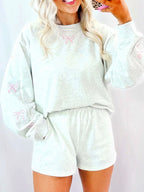 Women's cozy lounge sweat set with shorts and embroidered bows Fashion Glam