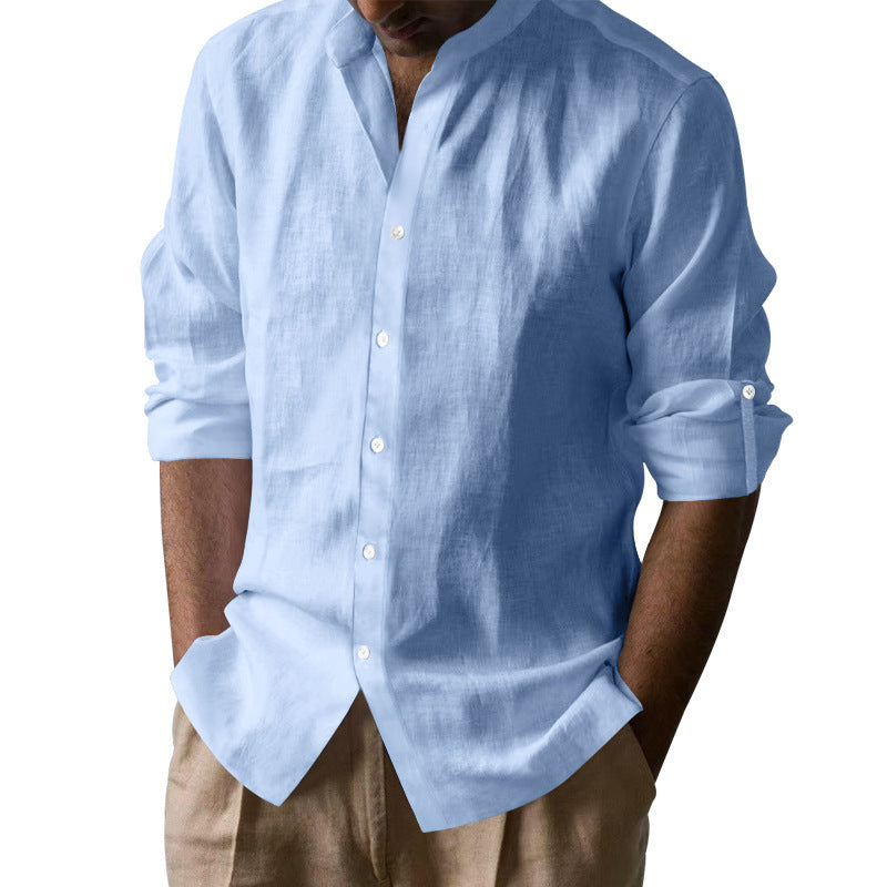 Men's Elegant Linen Shirt with Stand Collar and Button Details Fashion Glam