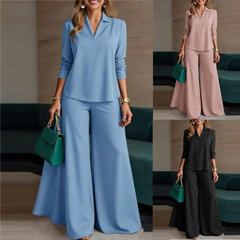 Ladies Elegant Two-Piece Palazzo Set with Shirt Collar Top and Wide Leg Fashion Glam