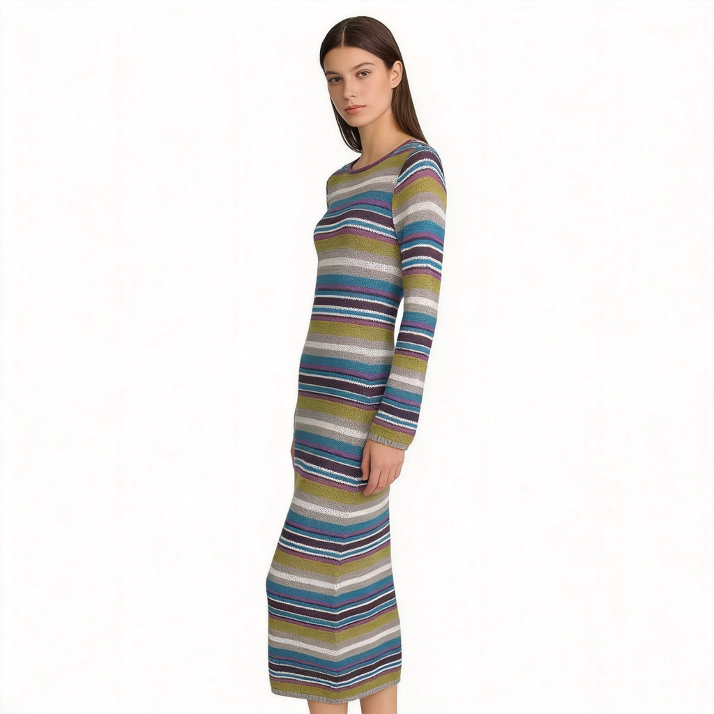 Women's Fitted Fine Knit Midi Dress with Striped Pattern and Round Neckline Fashion Glam