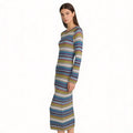 Women's Fitted Fine Knit Midi Dress with Striped Pattern and Round Neckline Fashion Glam