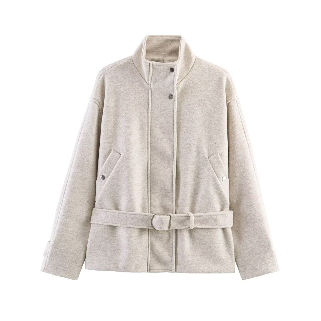 Women's Boxy Wool Jacket with Stand-Up Collar, Concealed Snap Button Placket and D-Ring Waist Belt Fashion Glam