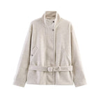 Women's Boxy Wool Jacket with Stand-Up Collar, Concealed Snap Button Placket and D-Ring Waist Belt Fashion Glam