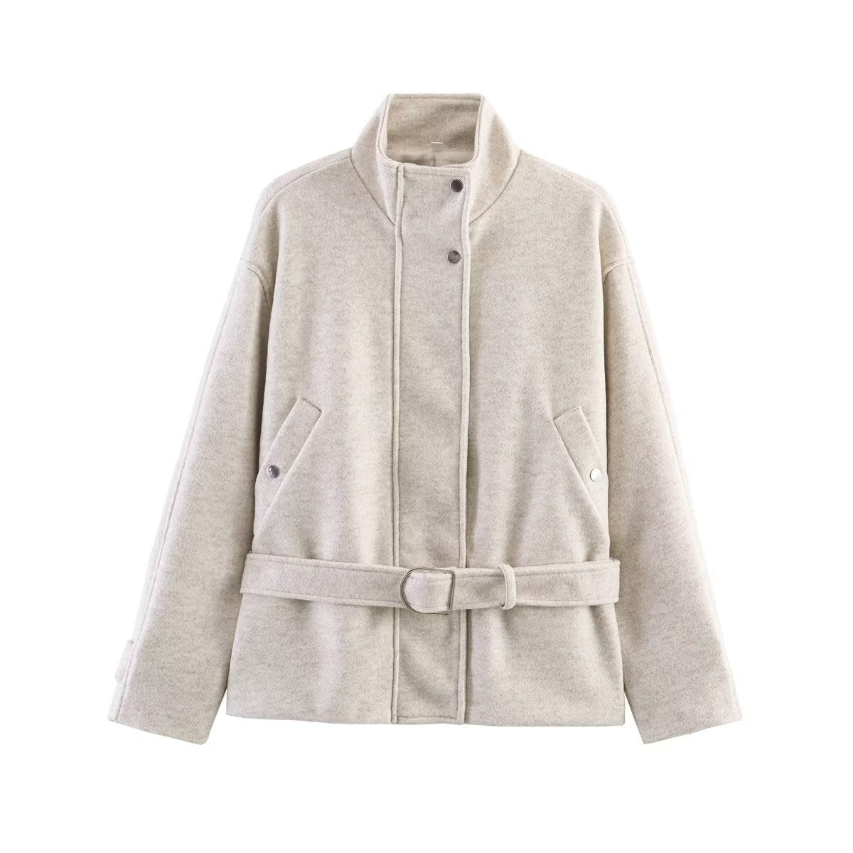 Women's Boxy Wool Jacket with Stand-Up Collar, Concealed Snap Button Placket and D-Ring Waist Belt Fashion Glam