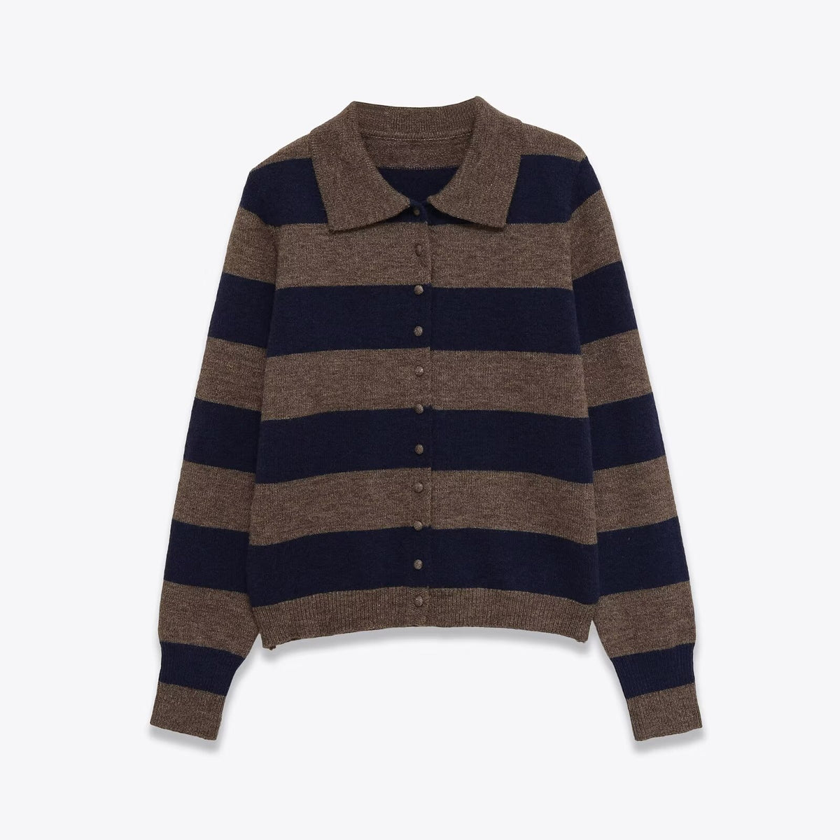 Women's Striped Cardigan with Polo Collar and Button Placket Fashion Glam