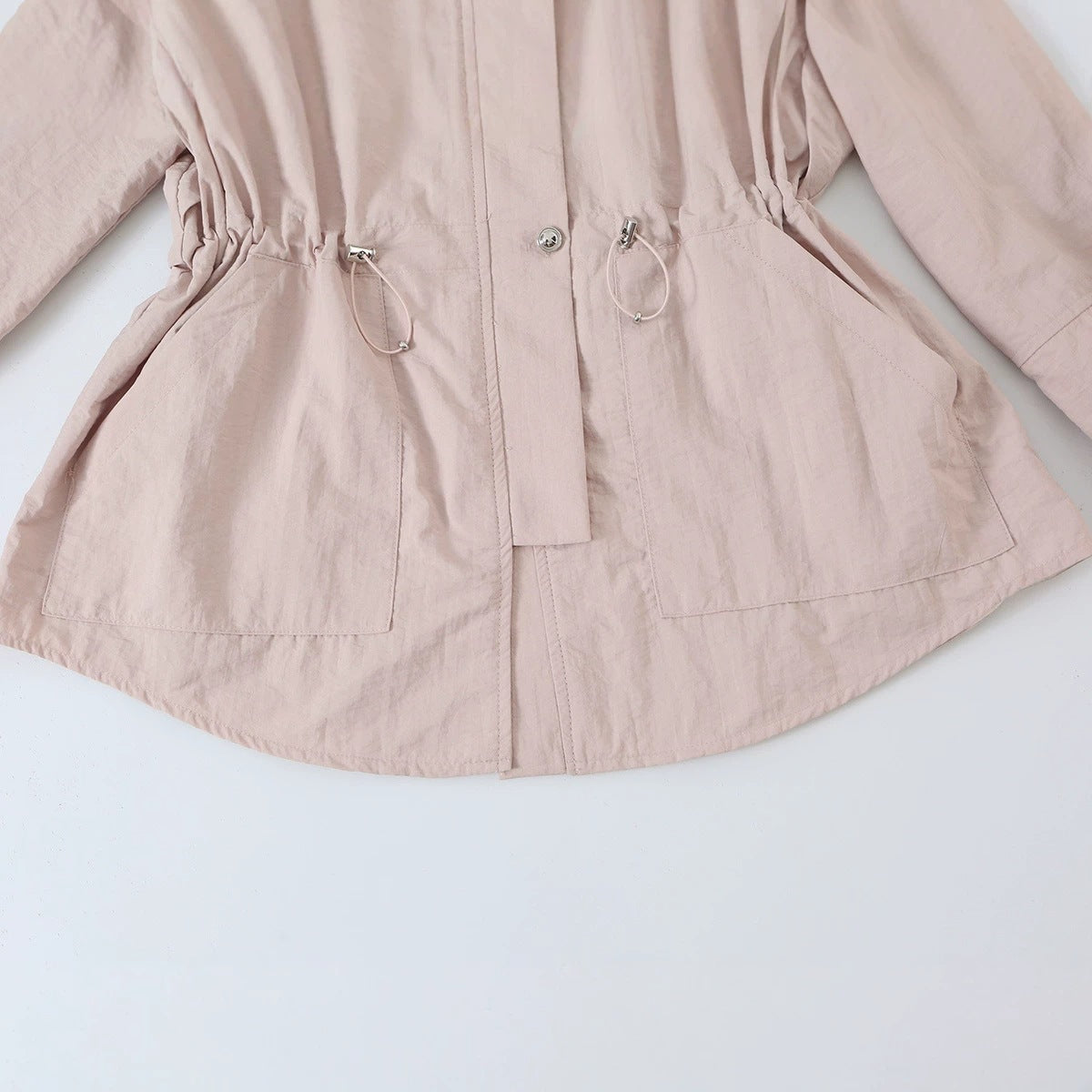 Women's Tailored Windbreaker with Drawstring, Stand Collar and Balloon Sleeves Fashion Glam