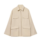 Women's Oversize Field Jacket in Boxy Cut with Four Flap Pockets and Concealed Snap Placket Fashion Glam