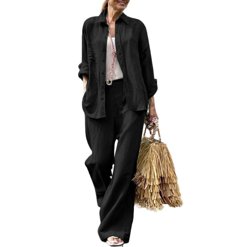 Women's Lightweight Linen Two-Piece Set with Loose Shirt Blouse and Wide High-Waist Pants Fashion Glam