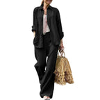 Women's Lightweight Linen Two-Piece Set with Loose Shirt Blouse and Wide High-Waist Pants Fashion Glam