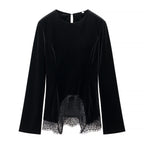 Women’s velvet blouse with lace trim and curved slit neckline Fashion Glam