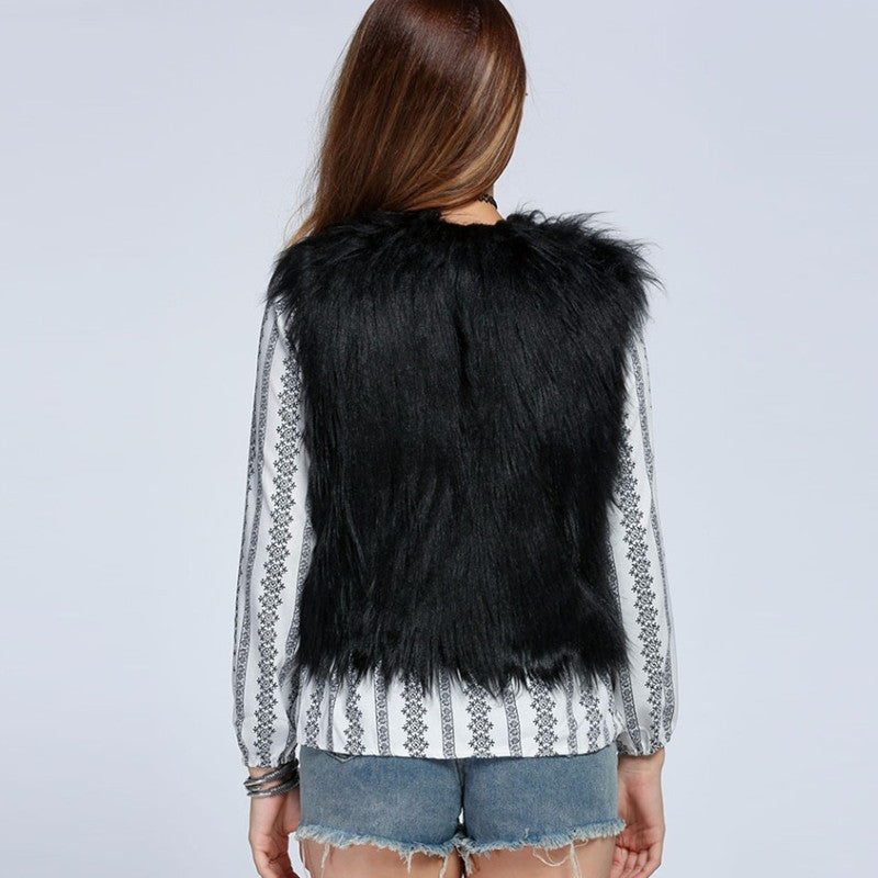 Women's Sleeveless Long Pile Shaggy Faux Fur Vest with Draped Lapel and Concealing Longline Silhouette Fashion Glam