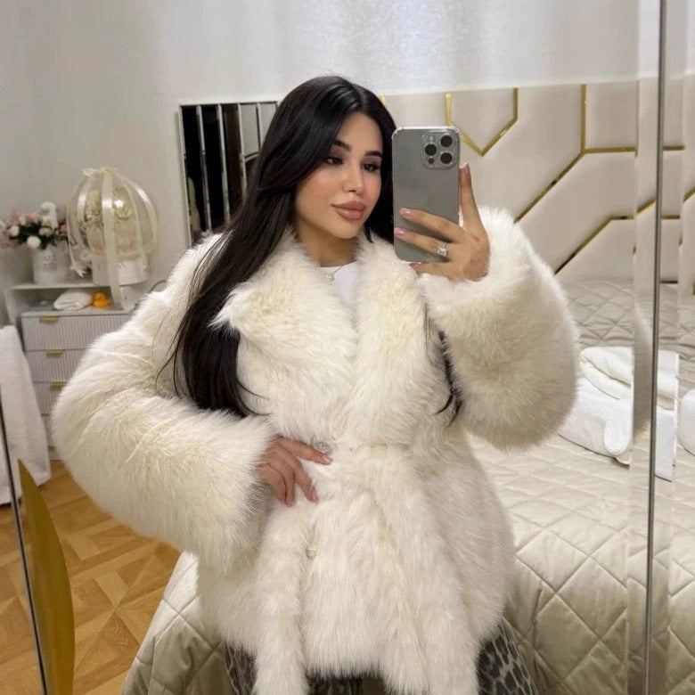 Women's short coat made of long-pile faux fur with a waist-defining tie belt Fashion Glam