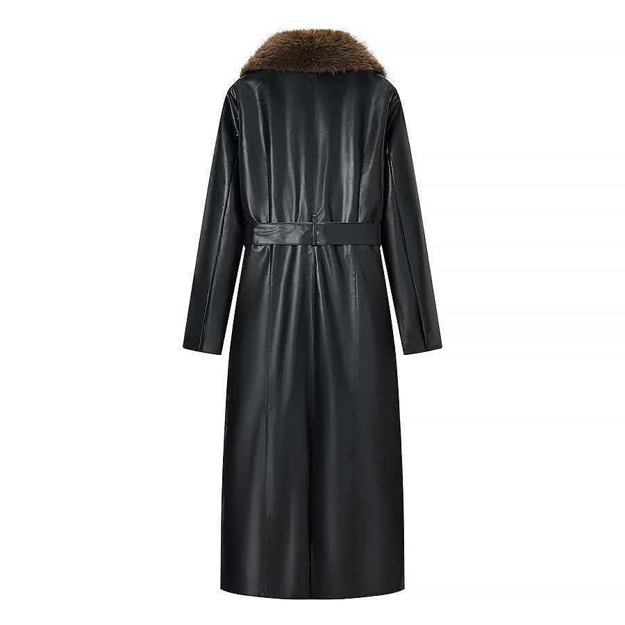Ladies Longer Leather Coat with Voluminous Fur Collar and Minimalist Silhouette Fashion Glam