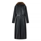 Ladies Longer Leather Coat with Voluminous Fur Collar and Minimalist Silhouette Fashion Glam