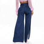 Women's Longer High-Cut Denim Maxi Skirt with Side Thigh Slit and Used Details Fashion Glam
