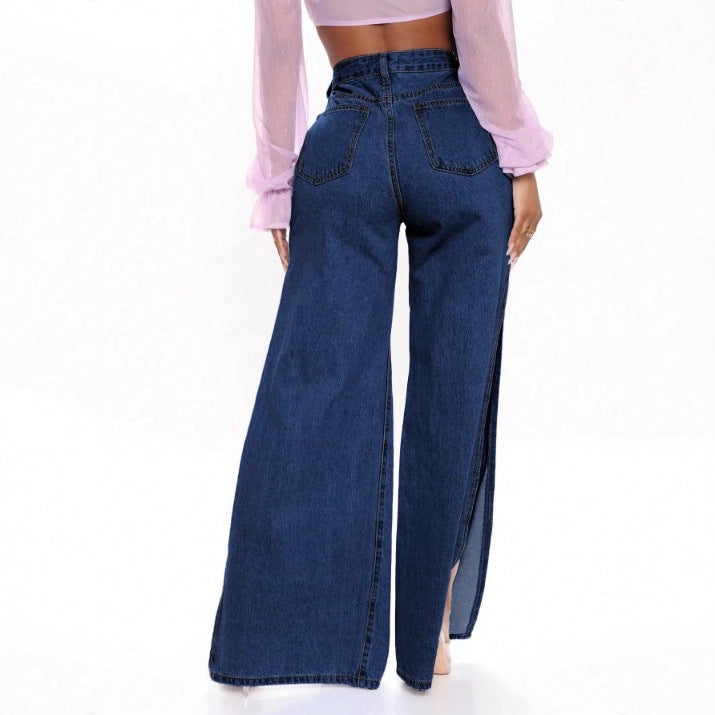 Women's Longer High-Cut Denim Maxi Skirt with Side Thigh Slit and Used Details Fashion Glam