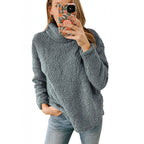 Women's Cozy Oversized Teddy Sweater with Stand-Up Collar and Curved Hem Fashion Glam
