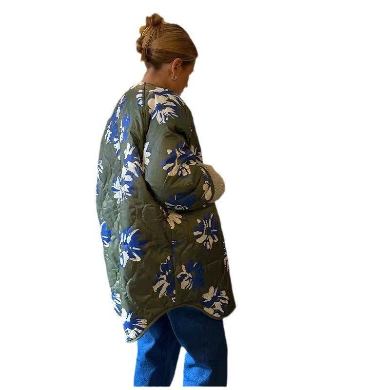 Women's Longline Quilted Coat with Floral Print, Teddy Lining and Oversized Silhouette Fashion Glam